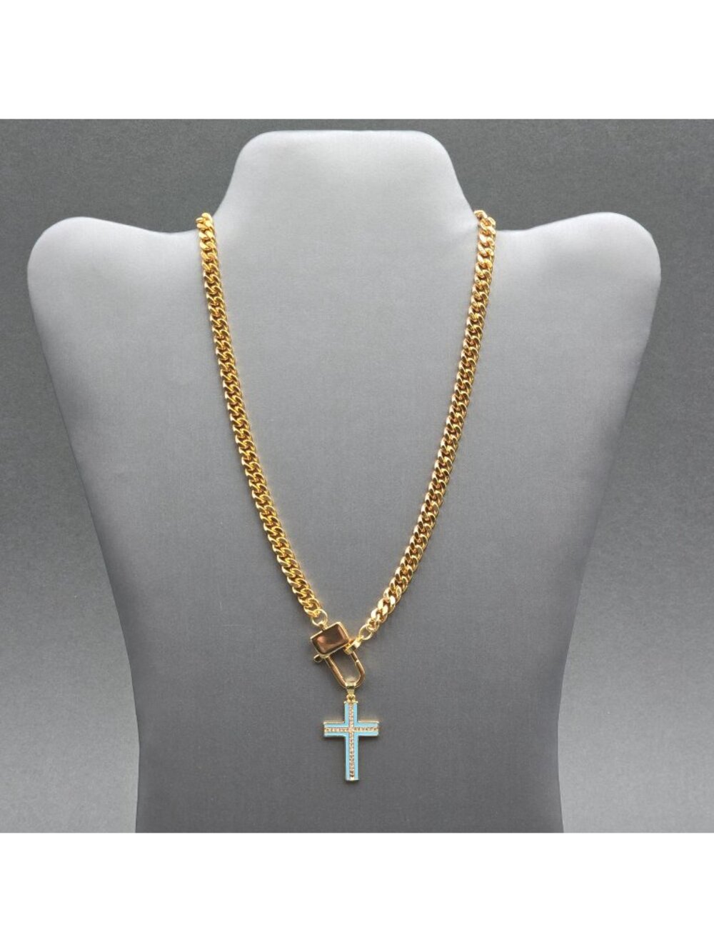 Melania Clara Wendy Necklace Blue Enamel Cross Pendant Gold Plated Curb Chain 16 - Picture 1 of 16